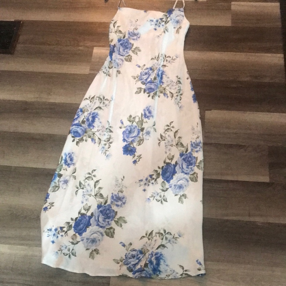 White Maxi Slip Dress with Blue Floral Print - Women's Summer Dress